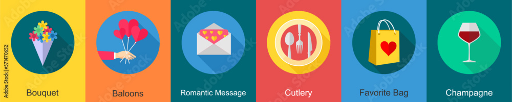 Fototapeta premium A set of 6 Party icons as bouquet, balloons, romantic message