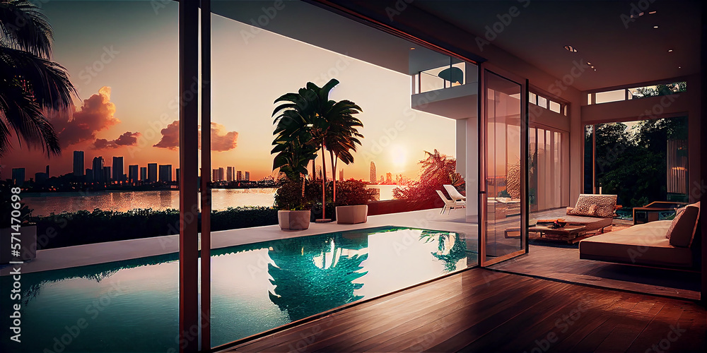 View of Impressive luxury penthouse terrace with a swimming pool overlooking ...
