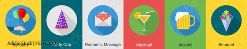 A set of 6 Party icons as balloons, party cap, romantic message