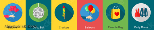 A set of 6 Party icons as balloons, disco ball, crackers