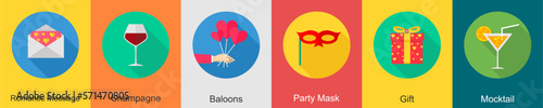 A set of 6 Party icons as romantic message, champagne, balloons