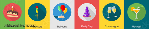 A set of 6 Party icons as pastry, crackers, balloons