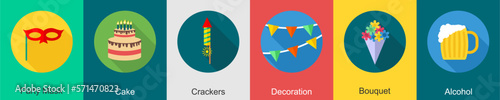 A set of 6 Party icons as party mask, cake, crackers