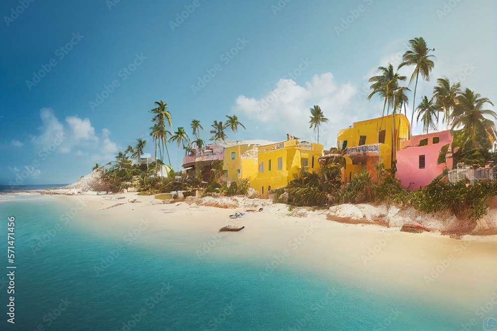 Colorful houses on Catalina beach, dominican republic with palm trees. Generative AI - obrazy, fototapety, plakaty 