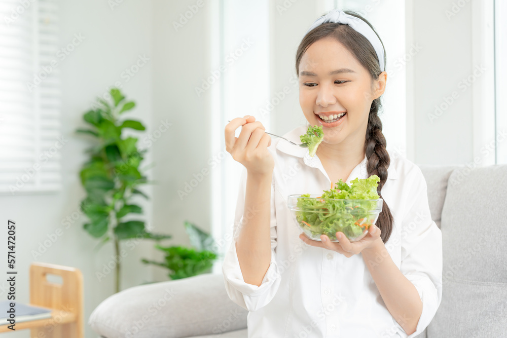 healthy food. Beautiful female girl smiling enjoy eat fresh vegetable salad on breakfast health. Happy asian woman good emotion. dieting, detox, diet, lose weight, clean eat, vegetarian, nutritionist healthy food. Beautiful female girl smiling enjoy eat fresh vegetable salad on breakfast health. Happy asian woman good emotion. dieting, detox, diet, lose weight, clean eat, vegetarian, nutritionist