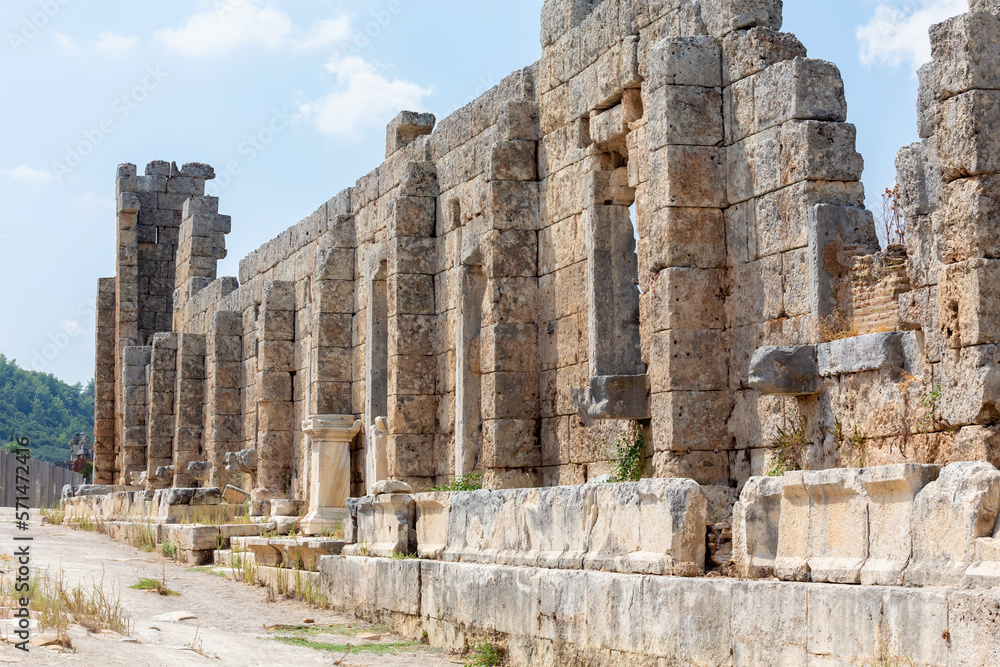Perge, or Perga is ancient Anatolian city in Pamphylia. Palaestra and gymnasium ruins. Antalya region, Turkey (Turkiye). Travel and ancient history concept
