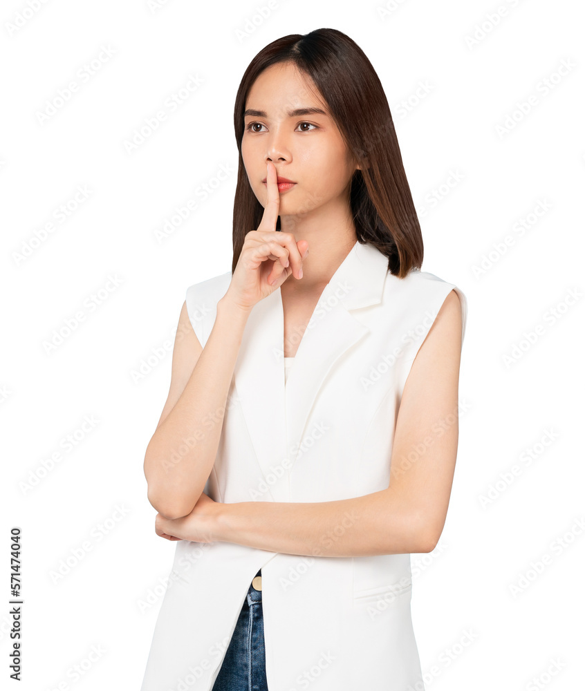 Cheerful Asian woman standing hands to the mouth and telling a secret in wearing a white shirt on screen background, PNG transparent. Cheerful Asian woman standing hands to the mouth and telling a secret in wearing a white shirt on screen background, PNG transparent.