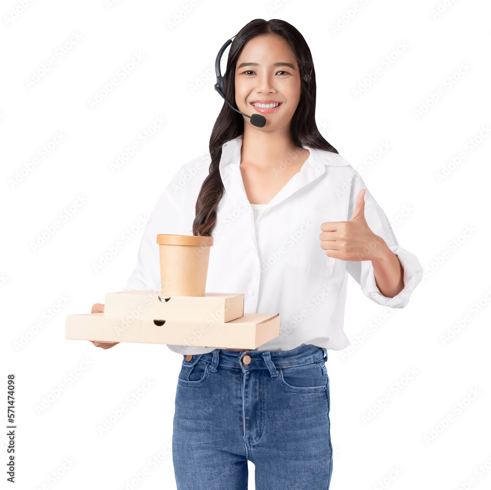 Studio shot of Beautiful Asian woman holding pizza boxes and consultant wearing microphone headset of customer support phone operator with isolated on screen background, PNG transparent. Studio shot of Beautiful Asian woman holding pizza boxes and consultant wearing microphone headset of customer support phone operator with isolated on screen background, PNG transparent.