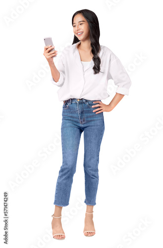 Beautiful Asian woman holding smartphone and smiling on screen background, PNG transparent.