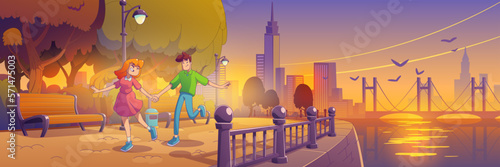 Couple walking on city waterfront street on sunset cartoon background. Seaside park landscape with happy romantic date. River pier in town forest. Boulevard panorama with scyscrapper buildings.