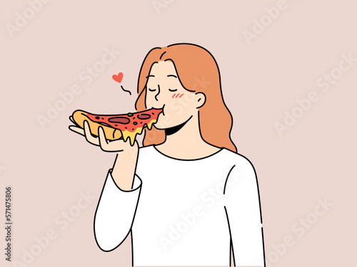 Happy woman eating delicious pizza. Smiling girl enjoy tasty Italian fast food. Traditional cuisine. Vector illustration. 