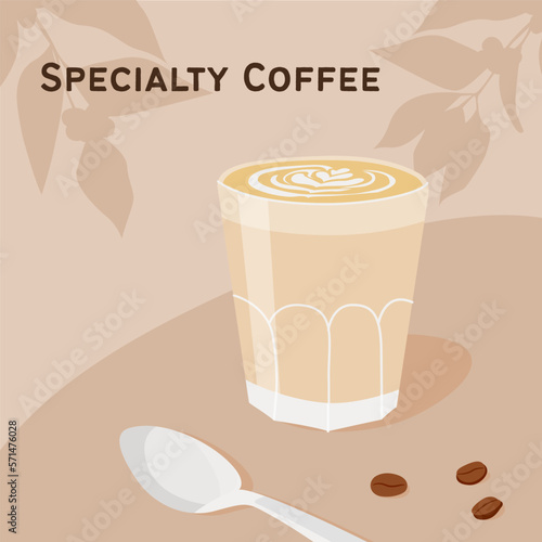Contemporary square card template with latte glass, coffee beans and spoon on table in cafe. Coffee shop scene with milk coffee. Trendy minimalist poster. Vector flat style illustration.
