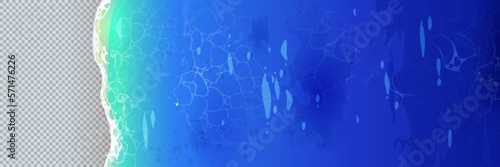 Top view of sea waves on transparent background. Cartoon isolated water texture with white foam splash. Blue ocean nautical frame for flyer tropical design or travel promo.