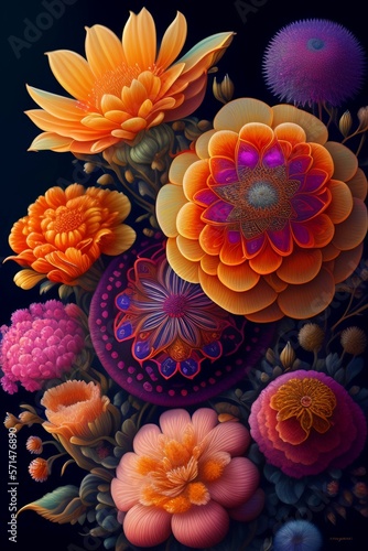 Colorful flowers on a black background 