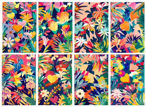 Colorful Safari Jungle with tropical leaves, animals, birds and exotic flowers. Vector illustration.