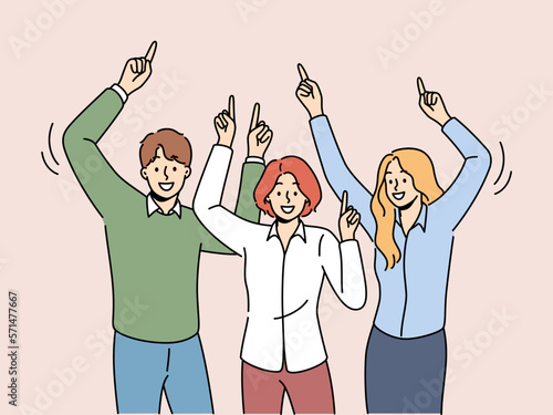 Happy people dancing together enjoying Friday. Smiling businesspeople or employees have fun at workplace. Vector illustration. 