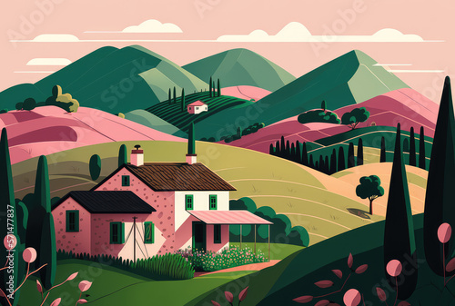 Rural landscape: farmhouse, mountain trees and fields in pink and green colors. Generative AI