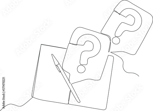 Continuous one line drawing book, pencil and question mark. Frequently Asked Questions Concept. Single line draw design vector graphic illustration.