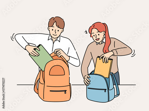Smiling students pack backpacks in school or college. Happy pupils put books in bags finish classes in institution. Education. Vector illustration. 