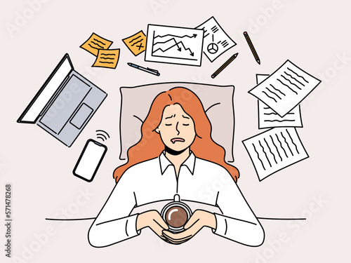 Exhausted woman lying in bed with coffee stressed with work. Tired female employee overwhelmed with job rest in bed. Fatigue and exhaustion. Vector illustration. 