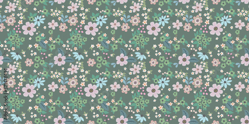 A pattern of pale pink and turquoise flowers on a green background. Cute floral aesthetic composition for wallpaper, print, poster, postcard, phone cases, banner, fabric, textiles.