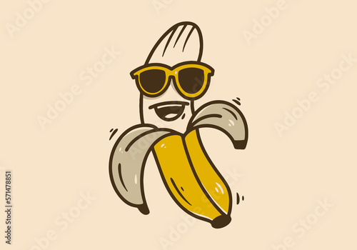 Illustration character design of a banana wearing glasses