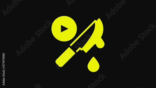 Yellow Thriller movie icon isolated on black background. Bloody knife. Suspenseful cinema genre, survival horror. Shocking films with gore and violence. 4K Video motion graphic animation
