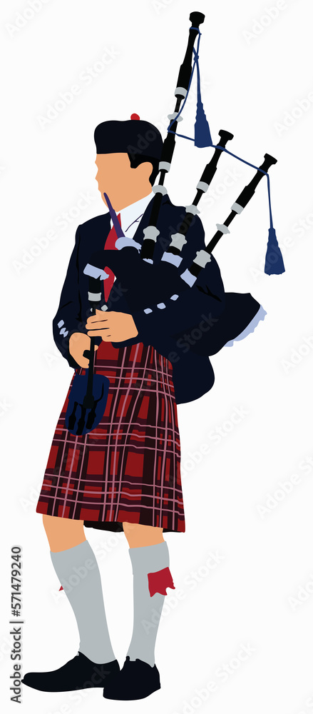 Illustration of musician playing bagpipe.