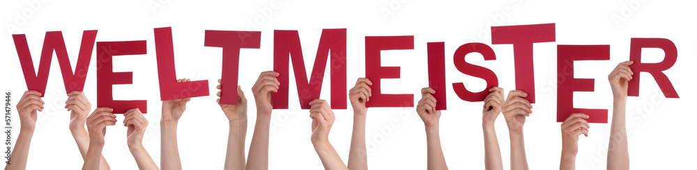 People Hands Holding Word Weltmeister Means World Champion, Isolated Background People Hands Holding Word Weltmeister Means World Champion, Isolated Background