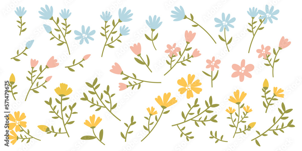 A large set of 30 elements of hand-drawn spring flowers in yellow, blue and pink colors. Stickers for spring holidays. March 8, Mother's Day, Easter. Printing on textiles and paper