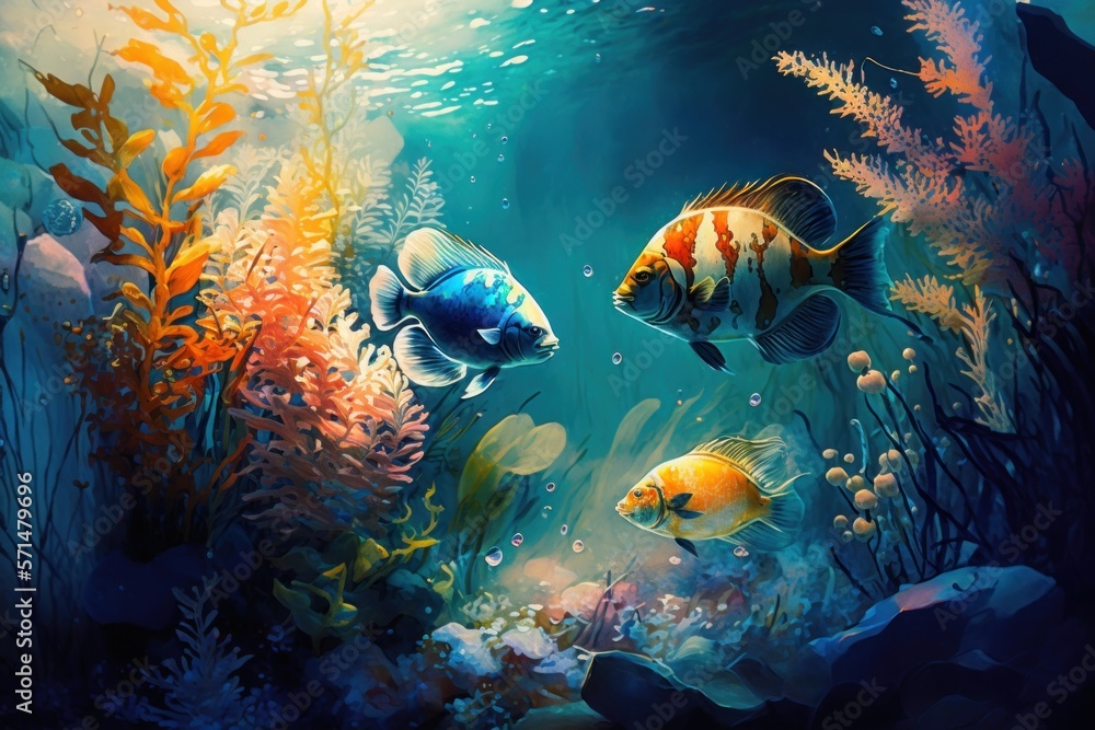 Seabed with colorful fish, marine plants. Generative AI