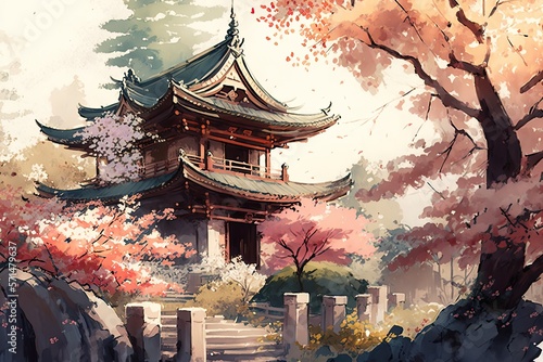 Eastern architecture is painted in watercolor. A building with a pagoda surrounded by flowering trees. Generative AI