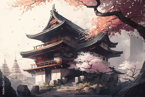 Eastern architecture is painted in watercolor. A building with a pagoda surrounded by flowering trees. Generative AI
