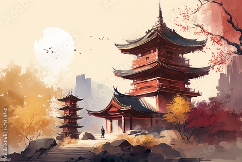 Eastern architecture is painted in watercolor. A building with a pagoda surrounded by flowering trees. Generative AI