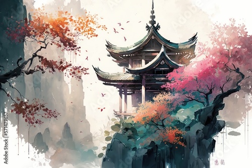 Eastern architecture is painted in watercolor. A building with a pagoda surrounded by flowering trees. Generative AI