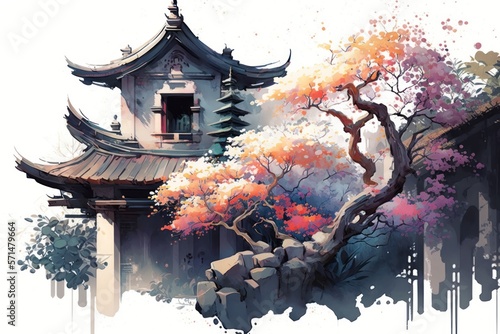 Eastern architecture is painted in watercolor. A building with a pagoda surrounded by flowering trees. Generative AI