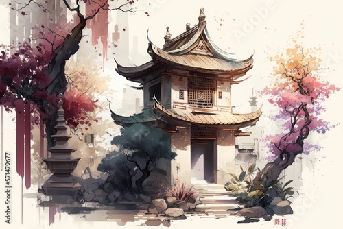 Eastern architecture is painted in watercolor. A building with a pagoda surrounded by flowering trees. Generative AI photo