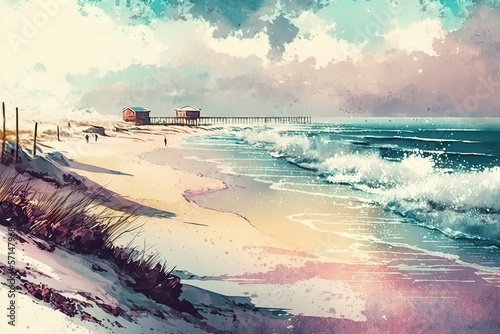 Seascape in a watercolor style. houses on the shore, on which the waves break. Generative AI