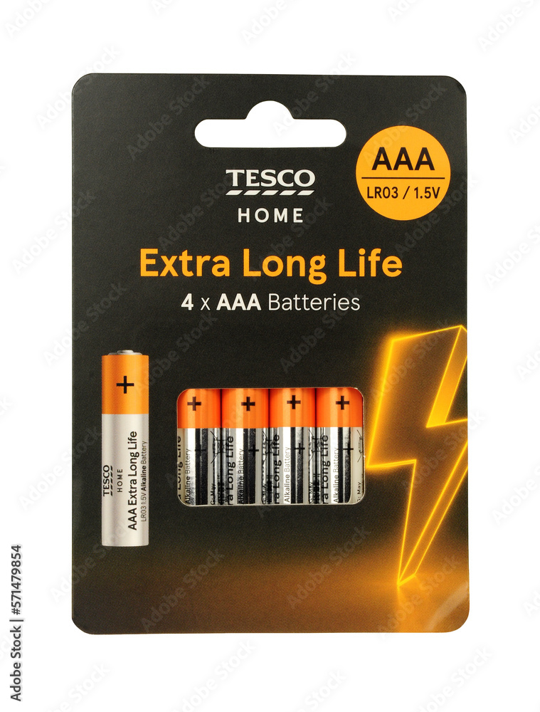 Tesco extra long life alkaline AAA batteries four pack Stock Photo