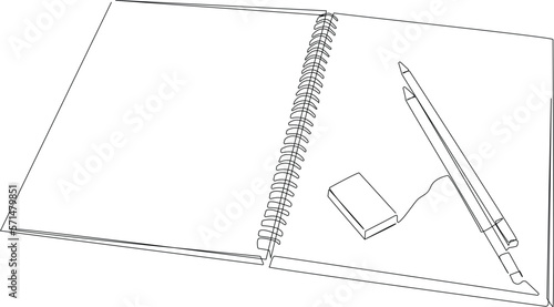 Continuous one line drawing book, pen and eraser. School and office supplies concept. Single line draw design vector graphic illustration.