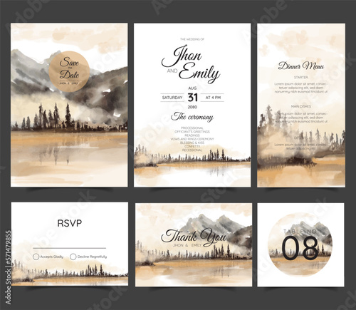 wedding invitation suite with wild nature landscape watercolor