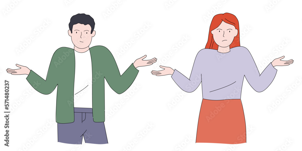 The man and woman  spreads his arms to the sides, thinks, has a problem, makes a choice. Human poses. Vector graphics.