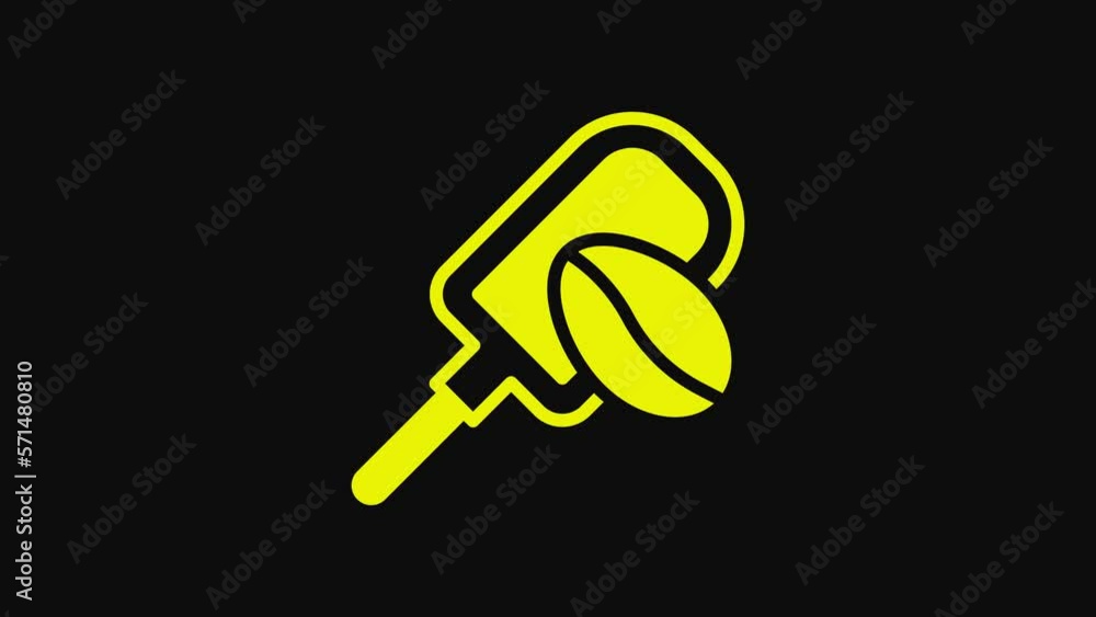 Yellow Spatula with coffee grain icon isolated on black background. Coffee beans. 4K Video motion graphic animation Yellow Spatula with coffee grain icon isolated on black background. Coffee beans. 4K Video motion graphic animation