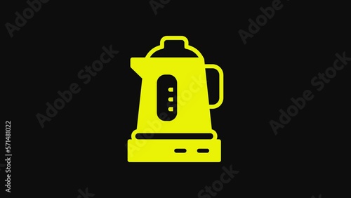 Yellow Electric kettle icon isolated on black background. Teapot icon. 4K Video motion graphic animation