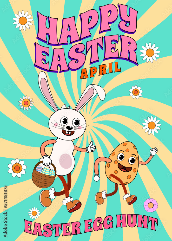 Happy Easter Groovy cartoon poster retro. Funny bunny with egg, Easter egg hunt Happy Easter Groovy cartoon poster retro. Funny bunny with egg, Easter egg hunt