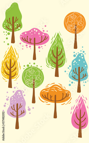 beautiful cute kawaii candy style set of trees cartoon vector