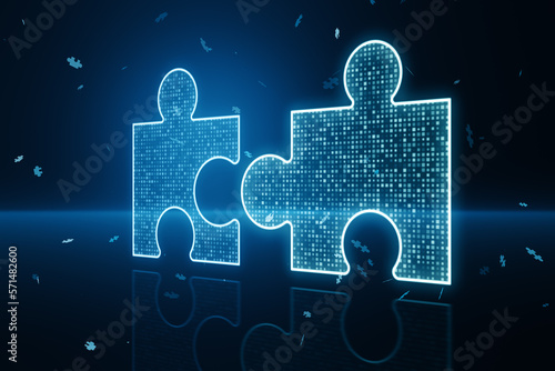 glowing digital blue jigsaw puzzle hologram on dark blurry background. Digital solution, successful collaboration, partners cooperate, implement merge, matching concept. 3D Rendering.