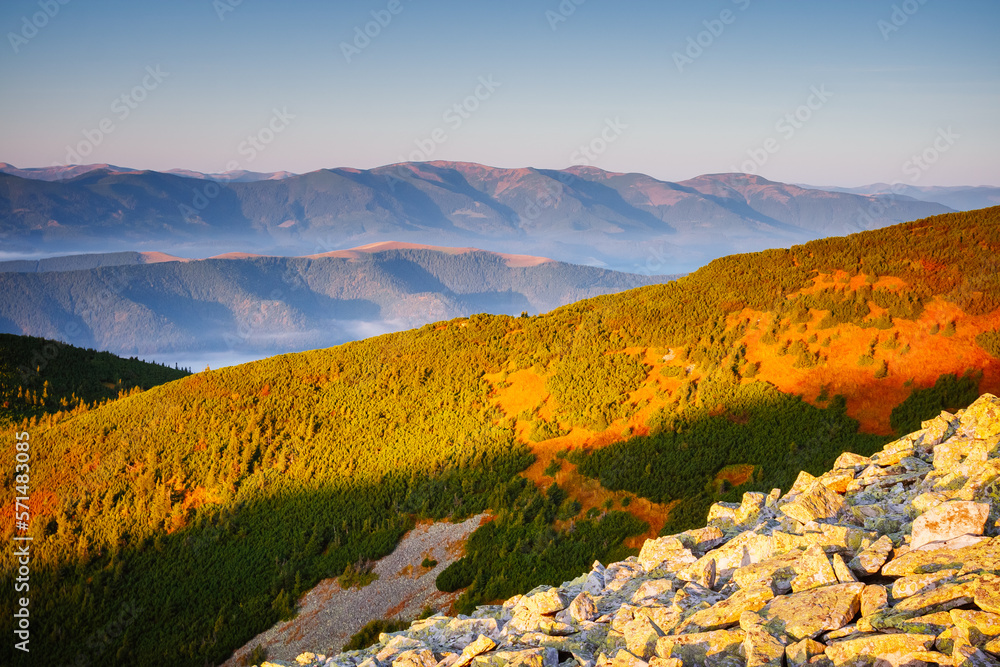 Majestic view of mountain ranges and peaks on a sunny day. Carpathian mountains, Ukraine.
