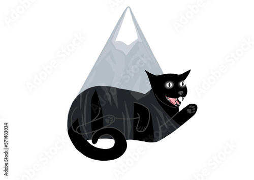 funny black cat hanging in a torn bag