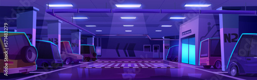 Underground car garage with entrance to mall vector illustration. Full parking in building basement interior cartoon background. Indoor parking with no free space. Urban game scene at night.
